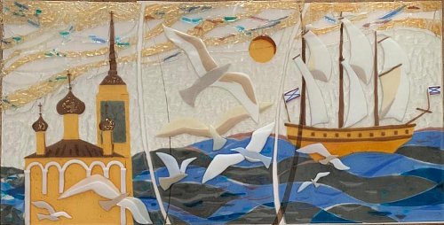 «К морским берегам», цв. стекло, фьюзинг, 60х120, 2023г.