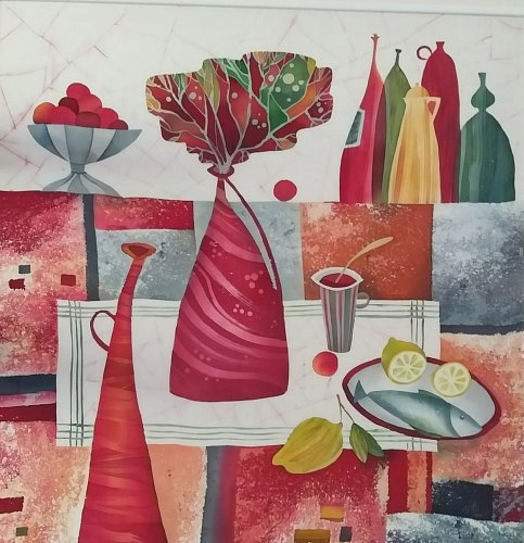 «Красный натюрморт», шелк, батик, 90х45, 2018г.